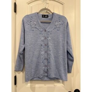 Oswal Womens‎ Sweater M Light Blue Embroidered Floral Cardigan Cottagecore